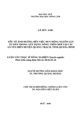 Khóa luận tốt nghiệp yếu tố ảnh hưởng đến việc huy động nguồn lực từ dân trong việc xây dựng nông thôn mới tại xã ven biển huyện quảng trạch tỉnh quảng bình