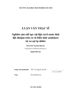 Nghiên cứu chế tạo vật liệu xử lí nước thải dệt nhuộm trên cơ sở biến tính xenlulozơ từ xơ sợi tự nhiên