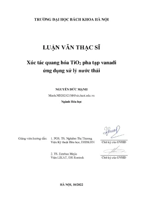 Xúc tác quang hóa ti o2 pha tạp vanadi ứng dụng xử lý nước thải