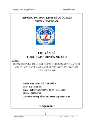 Hoàn thiện kế toán tập hợp chi phí sản xuất và tính giá thành sản phẩm xây lắp tại công ty cổ phần tđx việt nam