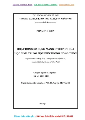 Khóa luận tốt nghiệp hoạt động sử dụng mạng internet của học sinh trung học phổ thông tại nông thôn