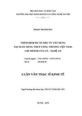 Luận văn thạc sĩ hubt thẩm định dự án đầu tư xây dựng tại ngân hàng tmcp công thương việt nam chi nhánh cửa lò nghệ an