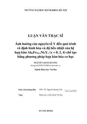 Ảnh hưởng của nguyên tố y đến quá trình vô định hình hóa và độ bền nhiệt của hệ hợp kim al82fe16 xni2yx x 0 2 4 chế tạo bằng phương pháp hợp kim hóa cơ học