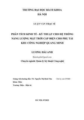 Phân tích kinh tế kỹ thuật cho hệ thống năng lượng mặt trời cấp điện cho phụ tải khu công nghiệp quang minh