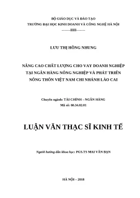 Luận văn thạc sĩ hubt chất lượng cho vay doanh nghiệp tại ngân hàng nông nghiệp và phát triển nông thôn việt nam chi nhánh lào cai