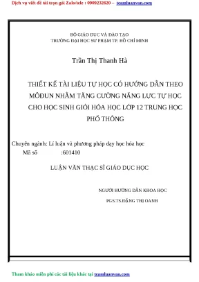 Luận văn thạc sỹ thiết kế tài liệu tự học có hướng dẫn theo môđun nhằm tăng cường năng lực tự học cho học sinh giỏi hóa học lớp 12 trung học phổ thông 2