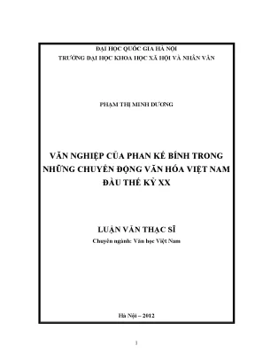 Luận văn thạc sĩ văn học văn nghiệp của phan kế bính trong những chuyển động văn hóa việt nam đầu thế kỷ xx