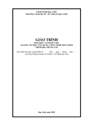 Giáo trình cơ sở dữ liệu nghề tin học ứng dụng công nghệ phần mềm trình độ trung cấp trường cđ kinh tế kỹ thuật bạc liêu