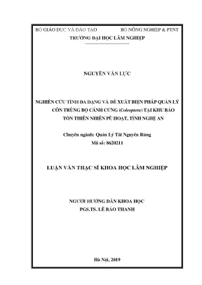 Luận văn thạc sĩ hay nghiên cứu tính đa dạng và đề xuất biện pháp quản lý côn trùng bộ cánh cứng coleoptera tại khu bảo tồn thiên nhiên pù hoạt tỉnh nghệ an