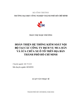 Hoàn thiện hệ thống kiểm soát nội bộ tại các công ty dịch vụ mua bán và sửa chữa xe ô tô trên địa bàn thành phố hồ chí minh