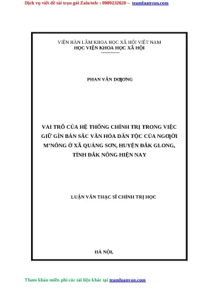 Luận văn vai trõ của hệ thống chính trị trong việc giữ gìn bản sắc văn hóa dân tộc của ngƣời mnông ở xã quảng sơn huyện đắk glong tỉnh đắk nông hiện nay