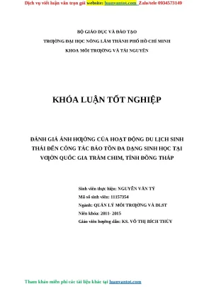 Luận văn thạc sỹ đánh giá ảnh hưởng của hoạt động du lịch sinh thái đến công tác bảo tồn đa dạng sinh học tại vƣờn quốc gia tràm chim tỉnh đồng tháp