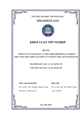 Khóa luận pháp luật về giao kết và thực hiện hợp đồng lao động thực tiễn thực hiện tại công ty cổ phần nhựa quỳnh hằng sp