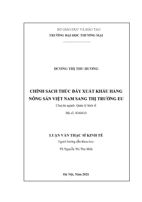 Luận văn thạc sĩ chính sách thúc đẩy xuất khẩu hàng nông sản việt nam sang thị trường eu