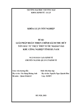 Khóa luận giải pháp hoàn thiện chính sách thu hút vốn đầu tư trực tiếp nước ngoài vào các khu công nghiệp tỉnh hà nam