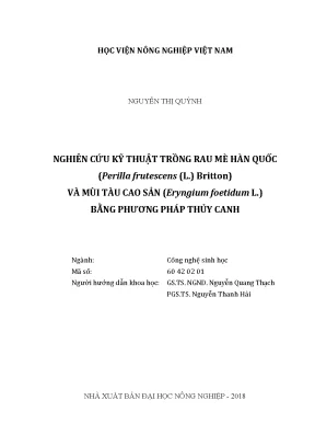 Luận văn thạc sĩ vnua nghiên cứu kỹ thuật trồng rau mè hàn quốc perilla frutescens l britton bằng phương pháp thủy canh