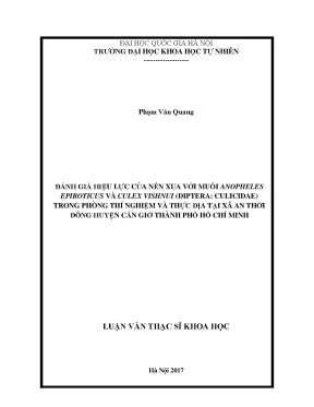 Luận văn thạc sĩ hus đánh giá hiệu lực của nến xua với muỗi anopheles epiroticus và culex vishnui diptera culicidae trong phòng thí nghiệm và thực địa tại xã an thới đông huyện cần giờ thành phố hồ chí minh