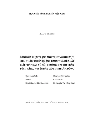 Luận văn thạc sĩ vnua đánh giá hiện trạng môi trường khu vực khai thác tuyển quặng bauxit và đề xuất giải pháp bảo vệ môi trường tại thị trấn lộc thắng huyện bảo lâm tỉnh lâm đồng