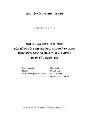 Luận văn thạc sĩ vnua ảnh hưởng của việc bổ sung dầu bông đến sinh trưởng hiệu quả sử dụng thức ăn và mức độ phát thải khí mêtan từ dạ cỏ của bò thịt