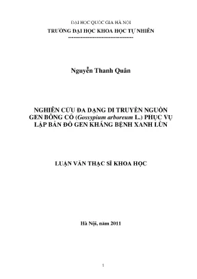 Luận văn thạc sĩ hus nghiên cứu đa dạng di truyền nguồn gen bông cỏ gossypium arboreum l phục vụ lập bản đồ gen kháng bệnh xanh lùn