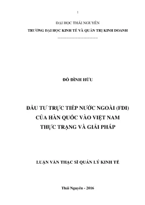 Luận văn thạc sĩ hay đầu tư trực tiếp nước ngoài fdi của hàn quốc vào việt nam thực trạng và giải pháp