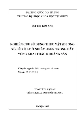 Luận án tiến sĩ hus nghiên cứu sử dụng thực vật dương xỉ để xử lý ô nhiễm asen trong đất vùng khai thác khoáng sản