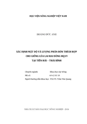 Luận văn thạc sĩ vnua xác định mật độ và lượng phân bón thích hợp cho giống lúa lai hai dòng hq19 tại tiền hải thái bình