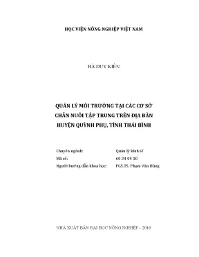 Luận văn thạc sĩ vnua quản lý môi trường tại các cơ sở chăn nuôi tập trung trên địa bàn huyện quỳnh phụ tỉnh thái bình