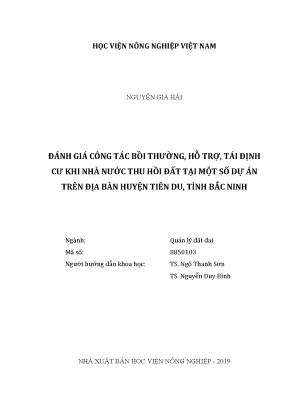 Luận văn thạc sĩ vnua đánh giá công tác bồi thường hỗ trợ tái định cư khi nhà nước thu hồi đất tại một số dự án trên địa bàn huyện tiên du tỉnh bắc ninh