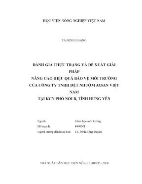 Luận văn thạc sĩ vnua đánh giá thực trạng và đề xuất giải pháp nâng cao hiệu quả bảo vệ môi trường của công ty tnhh dệt nhuộm jasan việt nam tại khu công nghiệp phố nối b tỉnh hưng yên