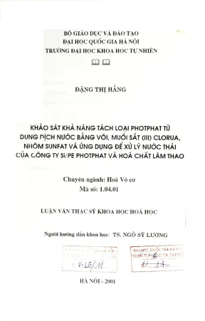 Luận văn thạc sĩ hus khảo sát khả năng tách loại photphat từ dung dịch nước bằng vôi muối sắt iii clorua nhôm sunfat và ứng dụng để xử lý nước thải của công ty supe photphat và hoá chất lâm thao