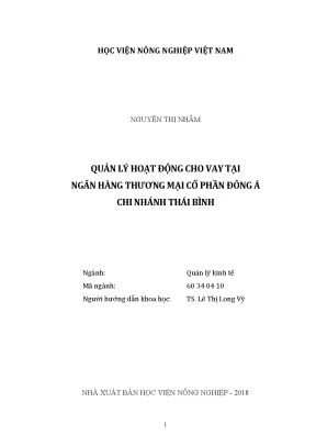 Luận văn thạc sĩ vnua quản lý hoạt động cho vay tại ngân hàng thương mại cổ phần đông á chi nhánh thái bình