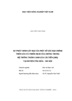 Luận văn thạc sĩ vnua sự phát sinh gây hại của một số sâu hại chính trên lúa và thiên địch của chúng trong hệ thống thâm canh lúa cải tiến sri tại huyện ứng hòa hà nội
