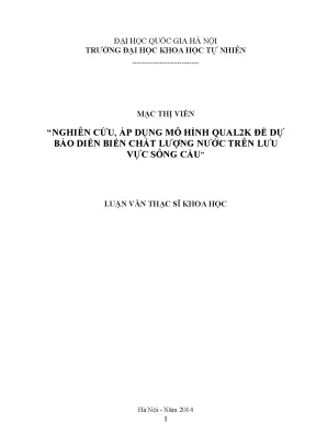 Luận văn thạc sĩ hus nghiên cứu áp dụng mô hình qual2k đề dự báo diễn biến chất lượng nước trên lưu vực sông cầu