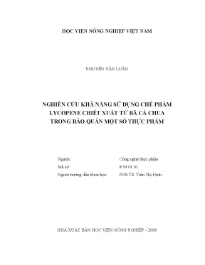 Luận văn thạc sĩ vnua nghiên cứu khả năng sử dụng chế phẩm lycopene chiết xuất từ bã cà chua trong bảo quản một số thực phẩm