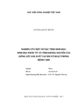 Luận văn thạc sĩ vnua nghiên cứu một số đặc tính sinh học sinh học phân tử và tính kháng nguyên của giống gốc sản xuất vacxin vô hoạt phòng bệnh care