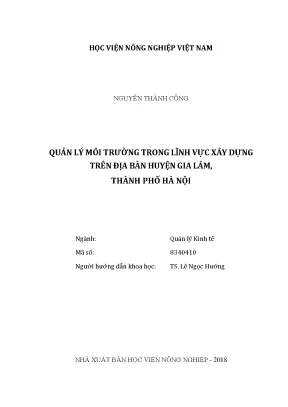 Luận văn thạc sĩ vnua quản lý môi trường trong lĩnh vực xây dựng trên địa bàn huyện gia lâm thành phố hà nội