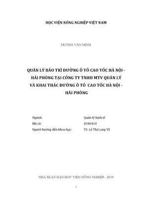 Luận văn thạc sĩ vnua quản lý bảo trì đường ô tô cao tốc hà nội hải phòng tại công ty tnhh mtv quản lý và khai thác đường ô tô cao tốc hà nội hải phòng