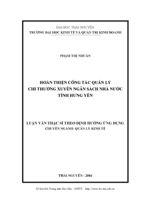 Luận văn thạc sĩ hay hoàn thiện công tác quản lý chi thường xuyên ngân sách nhà nước tỉnh hưng yên