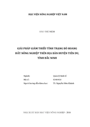 Luận văn thạc sĩ vnua giải pháp giảm thiểu tình trạng bỏ hoang đất nông nghiệp trên địa bàn huyện tiên du tỉnh bắc ninh