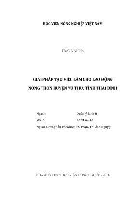 Luận văn thạc sĩ vnua giải pháp tạo việc làm cho lao động nông thôn huyện vũ thư tỉnh thái bình