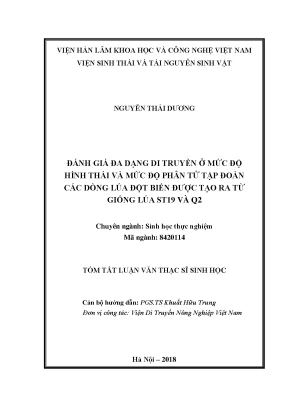 Luận văn thạc sĩ hay đánh giá đa dạng di truyền ở mức độ hình thái và mức độ phân tử tập đoàn các dòng lúa đột biến được tạo ra từ giống lúa st19 và q2