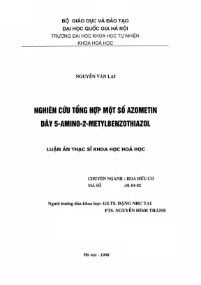 Luận văn thạc sĩ hus nghiên cứu tổng hợp một số azometin dãy 5 amino 2 metylbenzothiazol