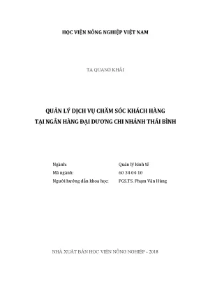 Luận văn thạc sĩ vnua quản lý dịch vụ chăm sóc khách hàng tại ngân hàng đại dương chi nhánh thái bình