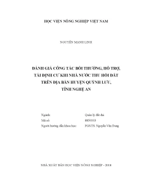 Luận văn thạc sĩ vnua đánh giá công tác bồi thường hỗ trợ và tái định cư khi nhà nước thu hồi đất trên địa bàn huyện quỳnh lưu tỉnh nghệ an