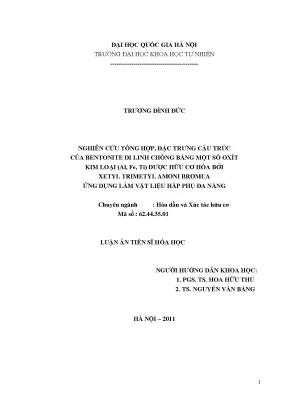 Luận án tiến sĩ hus nghiên cứu tổng hợp đặc trưng cấu trúc của bentonite di linh chống bằng một số oxit kim loại al fe ti được hữu cơ hóa bởi xetyl trimetyl amni bromua
