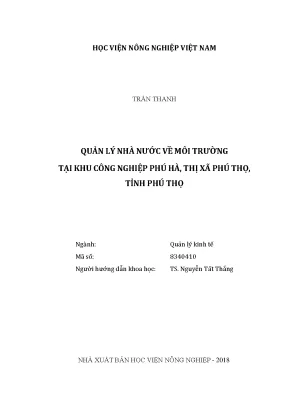 Luận văn thạc sĩ vnua quản lý nhà nước về môi trường tại khu công nghiệp phú hà thị xã phú thọ tỉnh phú thọ