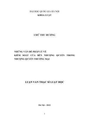 Luận văn thạc sĩ vnu ls một số vấn đề pháp lý về kiểm soát của bên nhượng quyền trong hoạt động nhượng quyền thương mại