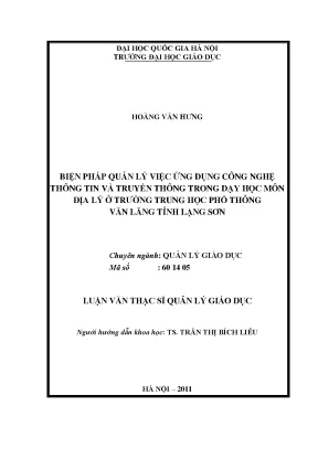 Luận văn thạc sĩ vnu ued biện pháp quản lý việc ứng dụng công nghệ thông tin và truyền thống trong dạy học môn địa lý ở trường trung học phổ thông văn lãng tỉnh lạng sơn