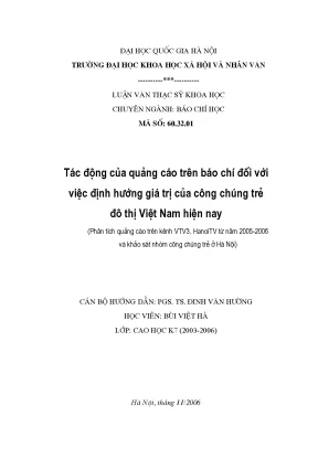 Luận văn thạc sĩ ussh tác động của quảng cáo trên báo chí đối với việc định hướng giá trị của công chúng trẻ đô thị việt nam hiện nay